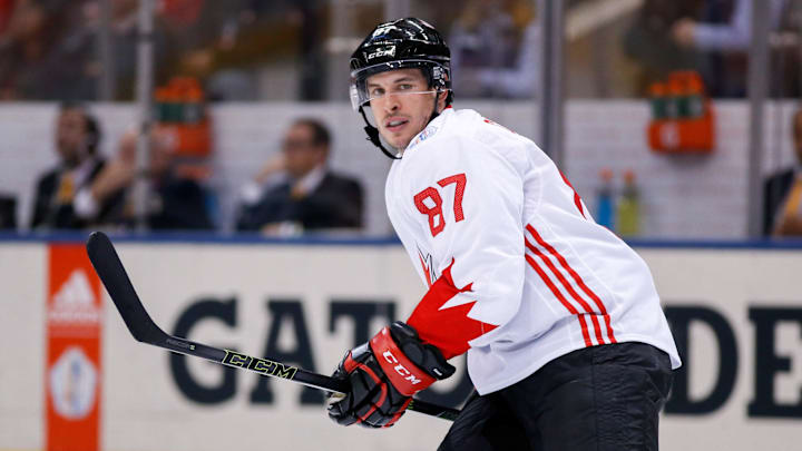 Sep 29, 2016; Toronto, Ontario, Canada; Team Canada centre Sidney Crosby (87) watches the puck against Team Europe in the third period during game two of the World Cup of Hockey final at Air Canada Centre. Mandatory Credit: Kevin Sousa-Imagn Images