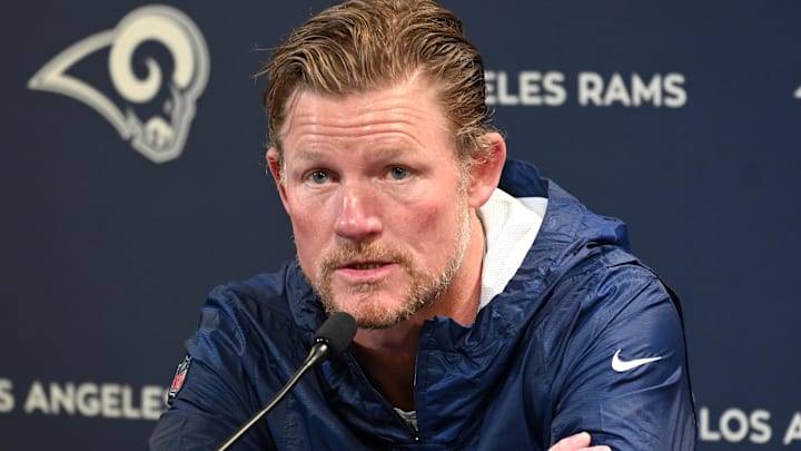 Apr 23, 2019; Thousand Oaks, CA, USA; Los Angeles Rams general manager Les Snead addresses the media at a press conference at Cal Lutheran University prior to the 2019 NFL Draft. Mandatory Credit: Kirby Lee-Imagn Images
