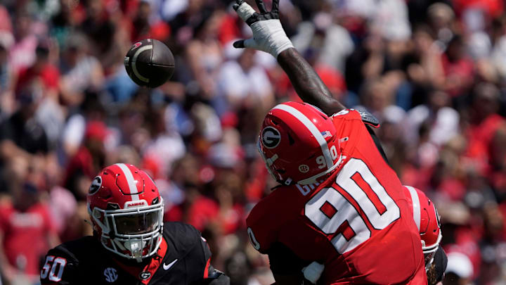 Georgia defensive lineman Elijah Griffin (90) goes up to bat down a pass during the Georgia G-Day spring football game in Athens, Ga., on Saturday, April 12, 2025.