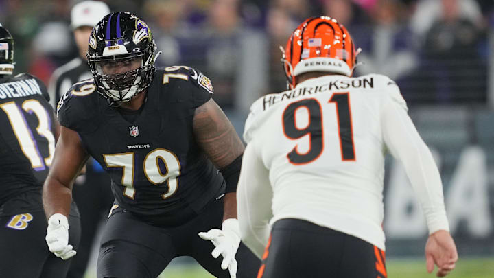 Oct 9, 2022; Baltimore, Maryland, USA; Baltimore Ravens offensive tackle Ronnie Stanley (79) blocks Cincinnati Bengals defensive end Trey Hendrickson (91 in the first quarter at M&T Bank Stadium. Mandatory Credit: Mitch Stringer-Imagn Images