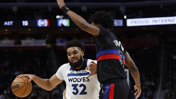 Jan 17, 2024; Detroit, Michigan, USA;  Minnesota Timberwolves center Karl-Anthony Towns (32)
