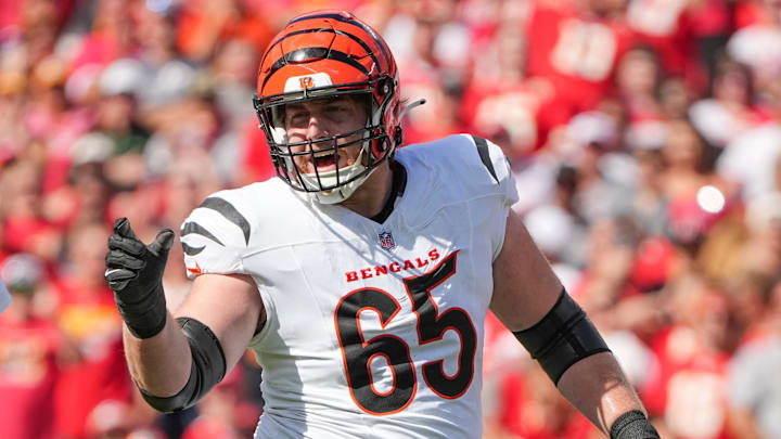 Sep 15, 2024; Kansas City, Missouri, USA; Cincinnati Bengals guard Alex Cappa (65) on the line of scrimmage against the Kansas City Chiefs during the game at GEHA Field at Arrowhead Stadium. 