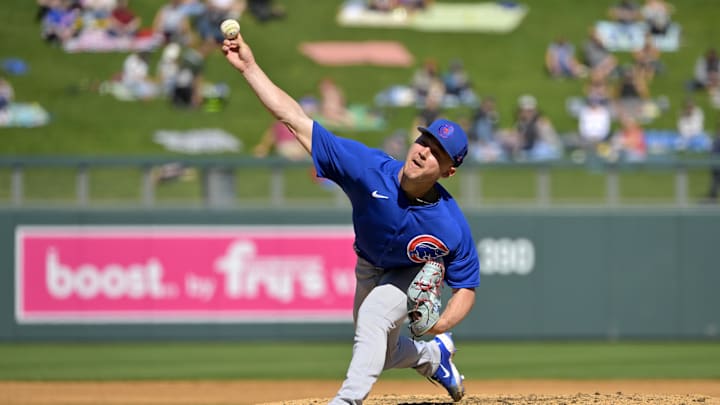 Feb 27, 2023; Salt River Pima-Maricopa, Arizona, USA;   Chicago Cubs starting pitcher Ryan Jensen