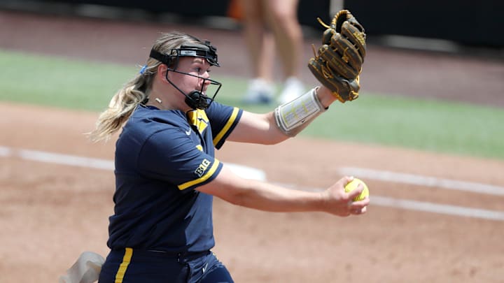 Michigan's Lauren Derkowski (18) pitches during a softball game against Kentucky in the first round of the Stillwater Regional of the NCAA Tournament in Stillwater, Okla., Friday, May 17, 2024.