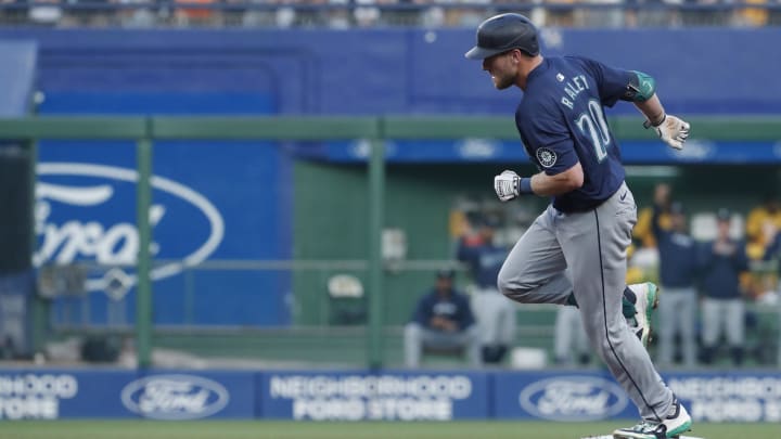 Seattle Mariners first baseman Luke Raley runs after hitting a two-run home run against the Pittsburgh Pirates on Friday at PNC Park. Seattle Mariners first baseman Luke Raley runs after hitting a two-run home run against the Pittsburgh Pirates on Friday at PNC Park.