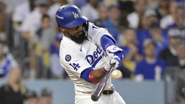 Oct 26, 2024; Los Angeles, California, USA; Los Angeles Dodgers outfielder Teoscar Hernandez (37) hits a two run home run in the third inning against the New York Yankees during game two of the 2024 MLB World Series at Dodger Stadium. Mandatory Credit: Jayne Kamin-Oncea-Imagn Images Oct 26, 2024; Los Angeles, California, USA; Los Angeles Dodgers outfielder Teoscar Hernandez (37) hits a two run home run in the third inning against the New York Yankees during game two of the 2024 MLB World Series at Dodger Stadium. Mandatory Credit: Jayne Kamin-Oncea-Imagn Images