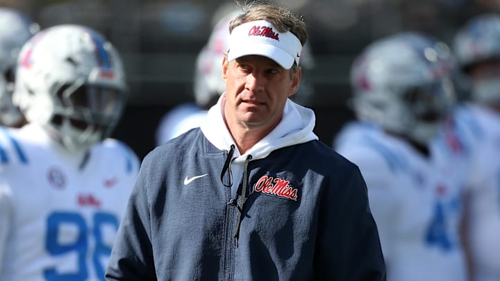Nov 28, 2025; Starkville, Mississippi, USA; Mississippi Rebels head coach Lane Kiffin looks on before the game against the Mississippi State Bulldogs at Davis Wade Stadium at Scott Field. Mandatory Credit: Petre Thomas-Imagn Images
