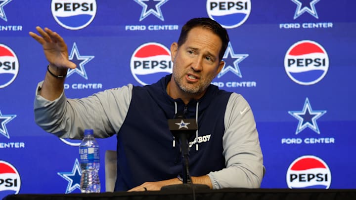 Dallas Cowboys head coach Brian Schottenheimer addresses the media before practice at the Ford Center at the Star. Dallas Cowboys head coach Brian Schottenheimer addresses the media before practice at the Ford Center at the Star.