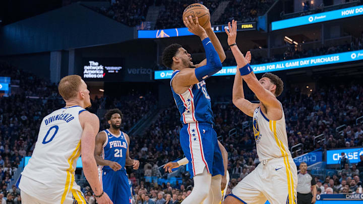 Mar 24, 2023; San Francisco, California, USA; Philadelphia 76ers forward Tobias Harris (12) shoots Mar 24, 2023; San Francisco, California, USA; Philadelphia 76ers forward Tobias Harris (12) shoots