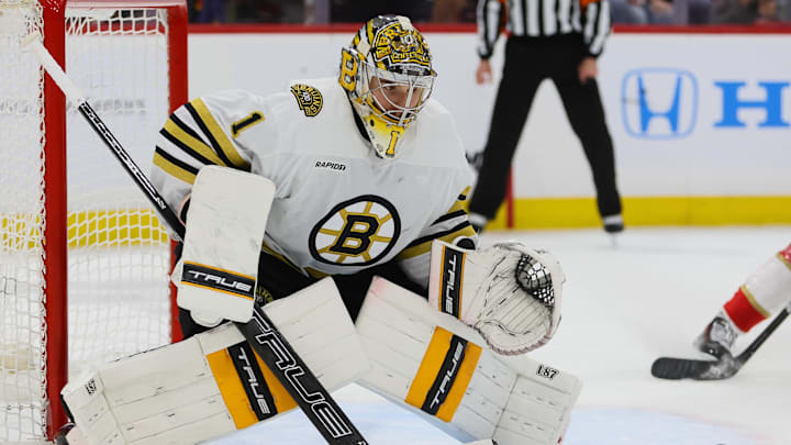 May 6, 2024; Sunrise, Florida, USA; Boston Bruins goaltender Jeremy Swayman (1) defends his net against the Florida Panthers during the second period in game one of the second round of the 2024 Stanley Cup Playoffs at Amerant Bank Arena. Mandatory Credit: Sam Navarro-Imagn Images