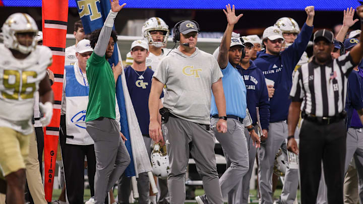 Nov 28, 2025; Atlanta, Georgia, USA; Georgia Tech Yellow Jackets head coach Brent Key on the sideline against the Georgia Bulldogs in the third quarter at Mercedes-Benz Stadium. Mandatory Credit: Brett Davis-Imagn Images