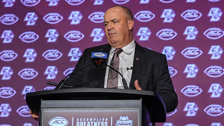 Jul 24, 2024; Charlotte, NC, USA; Boston College Eagles head coach Bill O'Brien talks with the media during the ACC Kickoff at Hilton Charlotte Uptown. Mandatory Credit: Jim Dedmon-Imagn Images
