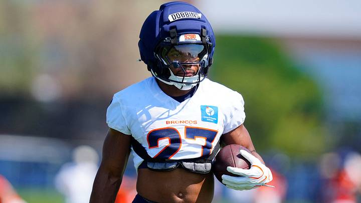 Jul 31, 2026; Englewood, CO, USA; Denver Broncos running back J.K. Dobbins (27) during training camp at Broncos Park. Jul 31, 2026; Englewood, CO, USA; Denver Broncos running back J.K. Dobbins (27) during training camp at Broncos Park.