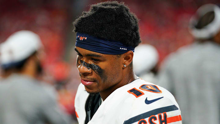 Aug 22, 2024; Kansas City, Missouri, USA; Chicago Bears wide receiver Tyler Scott (10) on the sidelines against the Kansas City Chiefs during the game at GEHA Field at Arrowhead Stadium. Mandatory Credit: Denny Medley-Imagn Images