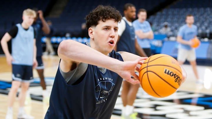 Longwood’s Szymon Zapala (12) passes the ball during open practices for 2024 NCAA Tournament teams