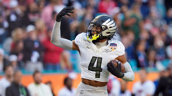 Oregon defensive back Brandon Finney Jr. celebrates an interception as the Oregon Ducks take on the Texas Tech Red Raiders in the Orange Bowl on Jan. 1, 2026, at Hard Rock Stadium in Miami, Florida.