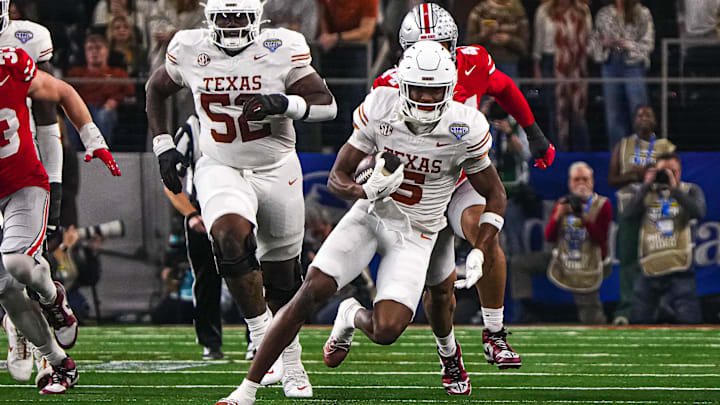 Texas Longhorns receiver Ryan Wingo (5) runs the ball during the College Football Playoff semifinal game against Ohio State in the Cotton Bowl at AT&T Stadium on Friday, Jan. 10, 2024 in Arlington, Texas. Texas Longhorns receiver Ryan Wingo (5) runs the ball during the College Football Playoff semifinal game against Ohio State in the Cotton Bowl at AT&T Stadium on Friday, Jan. 10, 2024 in Arlington, Texas.