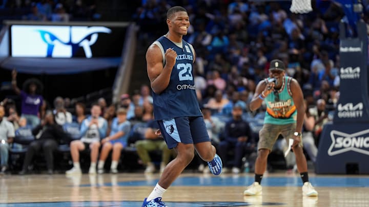 Grizzlies' Cedric Coward (23) takes part in the rookie dance challenge during open practice at the FedExForum on October 4, 2025, in Memphis, Tenn.