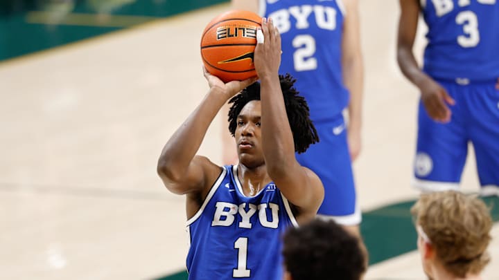 Feb 10, 2026; Waco, Texas, USA; BYU Cougars guard Robert Wright III (1) shoots a free throw during the first half against the Baylor Bears at Paul and Alejandra Foster Pavilion. Mandatory Credit: Chris Jones-Imagn Images