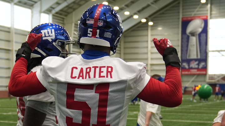 Eat Rutherford, NJ -- May 9, 2025 -- Draft pick Abdul Carter during practice at Giants Rookie Minicamp.