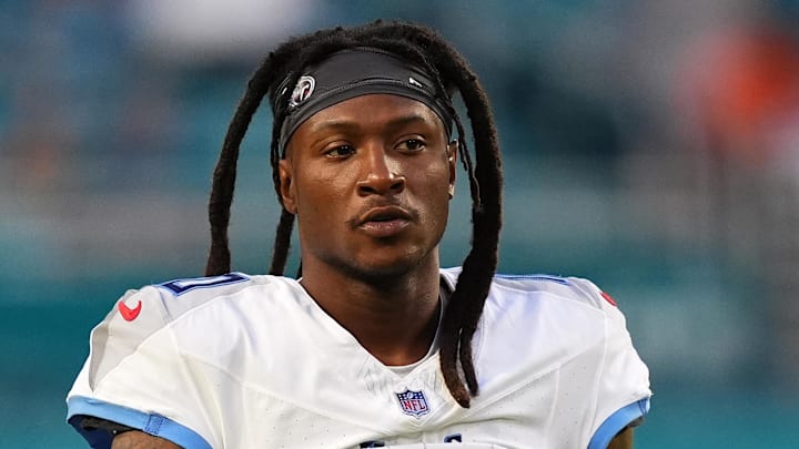 Sep 30, 2024; Miami Gardens, Florida, USA; Tennessee Titans wide receiver DeAndre Hopkins (10) warms up prior to the game against the Miami Dolphins at Hard Rock Stadium. Mandatory Credit: Jasen Vinlove-Imagn Images