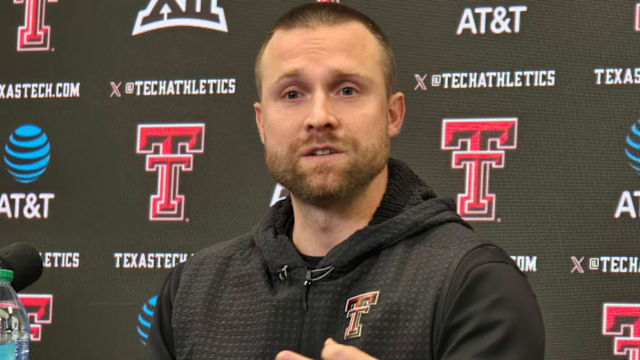 Safeties coach Rob Greene speaks to the head of Texas Tech football media.