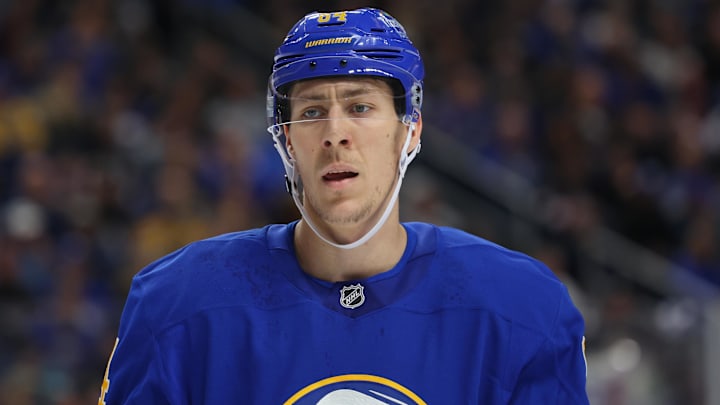 Mar 10, 2026; Buffalo, New York, USA;  Buffalo Sabres defenseman Logan Stanley (64) on the ice against the San Jose Sharks at KeyBank Center. Mandatory Credit: Timothy T. Ludwig-Imagn Images