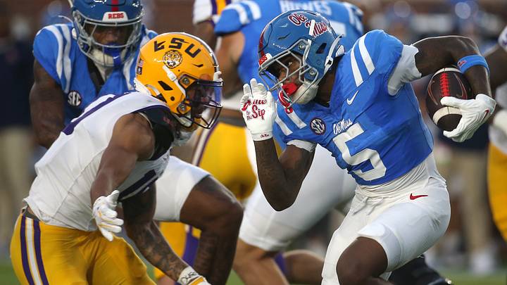 Sep 19, 2026; Oxford, Mississippi, USA; Mississippi Rebels running back Kewan Lacy (5) carries the ball against the Louisiana State Tigers during the first half at Vaught-Hemingway Stadium. Mandatory Credit: Petre Thomas-Imagn Images Sep 19, 2026; Oxford, Mississippi, USA; Mississippi Rebels running back Kewan Lacy (5) carries the ball against the Louisiana State Tigers during the first half at Vaught-Hemingway Stadium. Mandatory Credit: Petre Thomas-Imagn Images