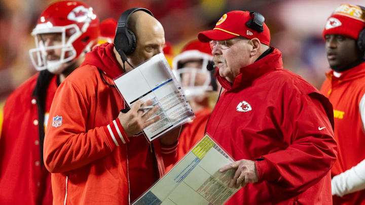 Jan 26, 2025; Kansas City, MO, USA; Kansas City Chiefs offensive coordinator Matt Nagy (left) and head coach Andy Reid against the Buffalo Bills during the AFC Championship game at GEHA Field at Arrowhead Stadium. Mandatory Credit: Mark J. Rebilas-Imagn Images
