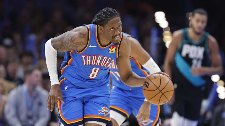 Dec 31, 2025; Oklahoma City, Oklahoma, USA; Oklahoma City Thunder guard Jalen Williams (8) dribbles down the court against the Portland Trail Blazers during the second half at Paycom Center. Mandatory Credit: Alonzo Adams-Imagn Images