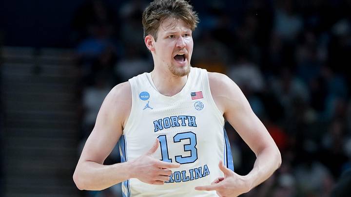 Mar 19, 2026; Greenville, SC, USA; North Carolina Tar Heels center Henri Veesaar (13) celebrates after a play against the VCU Rams in the first half of a first round game of the men's 2026 NCAA Tournament at Bon Secours Wellness Arena. Mandatory Credit: Bob Donnan-Imagn Images