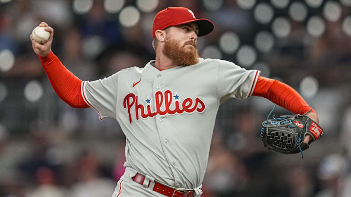 Sep 18, 2023; Cumberland, Georgia, USA; Philadelphia Phillies relief pitcher relief pitcher Dylan Covey (54) pitches against the Atlanta Braves during the ninth inning at Truist Park