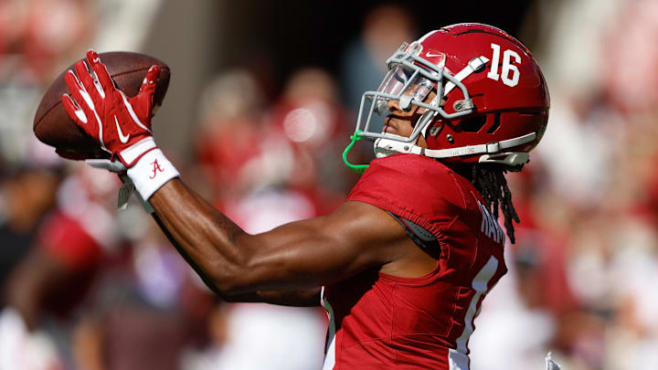 Oct 12, 2024; Tuscaloosa, Alabama, USA;  Alabama Crimson Tide wide receiver Jaren Hamilton (16) during warm ups at Bryant-Denny Stadium. Mandatory Credit: Butch Dill-Imagn Images