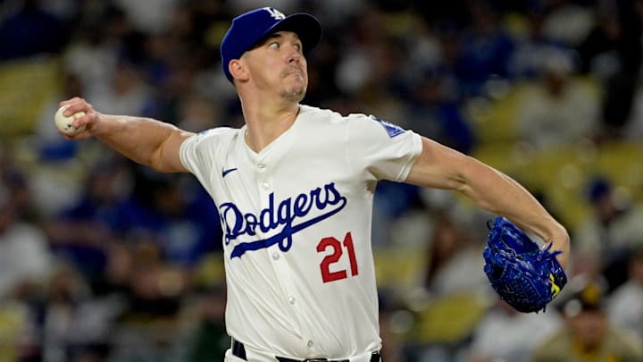 Sep 26, 2024; Los Angeles, California, USA; Los Angeles Dodgers starting pitcher Walker Buehler (21) delivers to the plate in the first inning against the San Diego Padres at Dodger Stadium Sep 26, 2024; Los Angeles, California, USA; Los Angeles Dodgers starting pitcher Walker Buehler (21) delivers to the plate in the first inning against the San Diego Padres at Dodger Stadium
