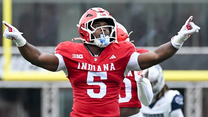 Sep 12, 2026; Bloomington, Indiana, USA; Indiana Hoosiers linebacker Rolijah Hardy (5) celebrates after a play against the Howard Bison during the first half at Merchants Bank Field at Memorial Stadium. Mandatory Credit: Robert Goddin-Imagn Images Sep 12, 2026; Bloomington, Indiana, USA; Indiana Hoosiers linebacker Rolijah Hardy (5) celebrates after a play against the Howard Bison during the first half at Merchants Bank Field at Memorial Stadium. Mandatory Credit: Robert Goddin-Imagn Images