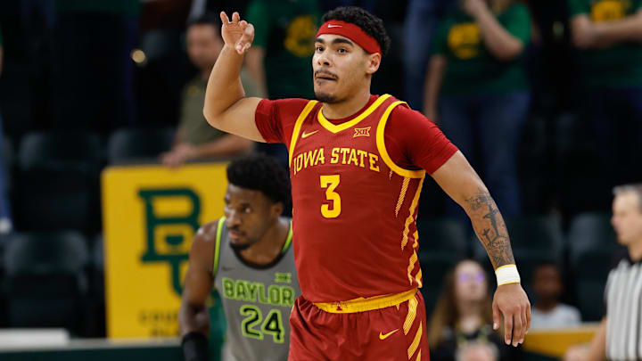 Jan 7, 2026; Waco, Texas, USA;  Iowa State Cyclones guard Tamin Lipsey (3) reacts after scoring a three-point basket during the second half against the Baylor Bears at Paul and Alejandra Foster Pavilion.