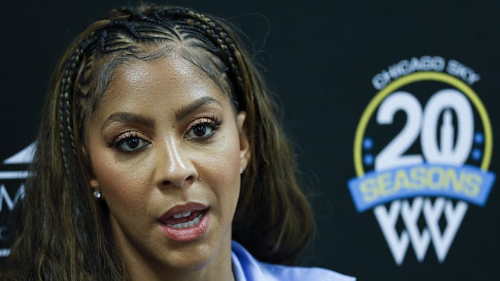 Aug 25, 2025; Chicago, Illinois, USA; Chicago Sky franchise legend and WNBA Champion Candace Parker speaks during a press conference before a WNBA game between the Chicago Sky and Las Vegas Aces at Wintrust Arena. Mandatory Credit: Kamil Krzaczynski-Imagn Images