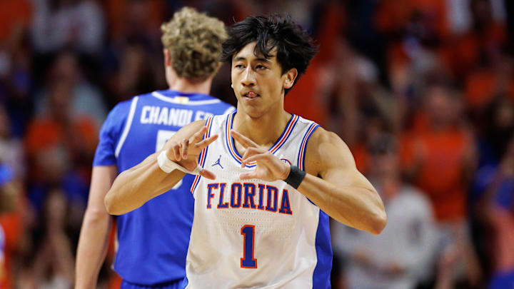 Feb 14, 2026; Gainesville, Florida, USA; Florida Gators guard Xaivian Lee (1) gestures after making a three point basket during the first half against the Kentucky Wildcats at Exactech Arena at the Stephen C. O'Connell Center. Mandatory Credit: Matt Pendleton-Imagn Images Feb 14, 2026; Gainesville, Florida, USA; Florida Gators guard Xaivian Lee (1) gestures after making a three point basket during the first half against the Kentucky Wildcats at Exactech Arena at the Stephen C. O'Connell Center. Mandatory Credit: Matt Pendleton-Imagn Images