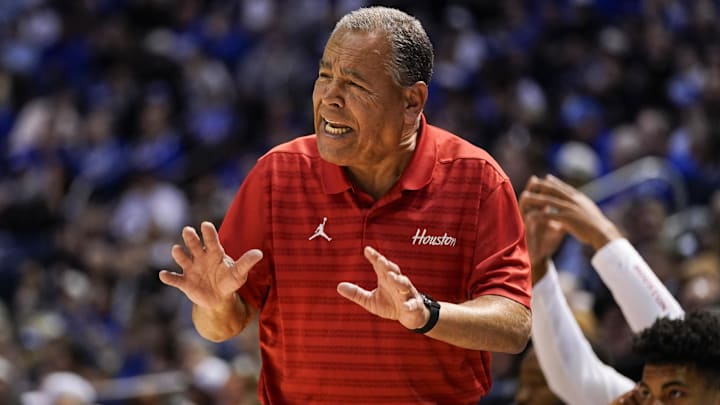 Feb 7, 2026; Provo, Utah, USA; Houston Cougars head coach Kelvin Sampson reacts during the first half against the BYU Cougars at Marriott Center. Mandatory Credit: Aaron Baker-Imagn Images
