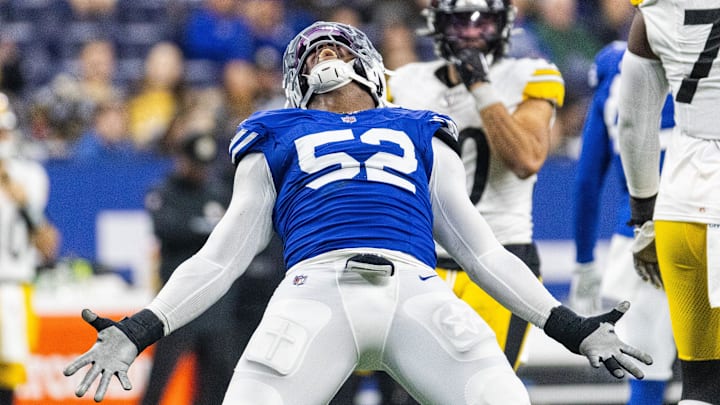 Dec 16, 2023; Indianapolis, Indiana, USA; Indianapolis Colts defensive end Samson Ebukam (52) celebrates a sack  in the second half against the Pittsburgh Steelers at Lucas Oil Stadium. 