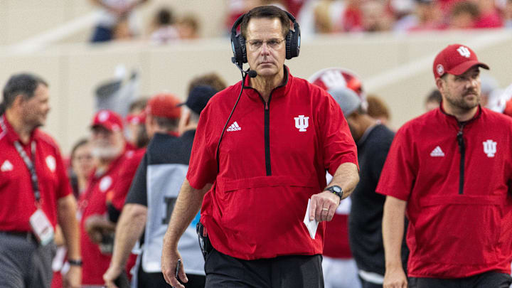 Indiana Hoosiers head coach Curt Cignetti walks the sideline against Western Illinois at Memorial Stadium. Indiana Hoosiers head coach Curt Cignetti walks the sideline against Western Illinois at Memorial Stadium.