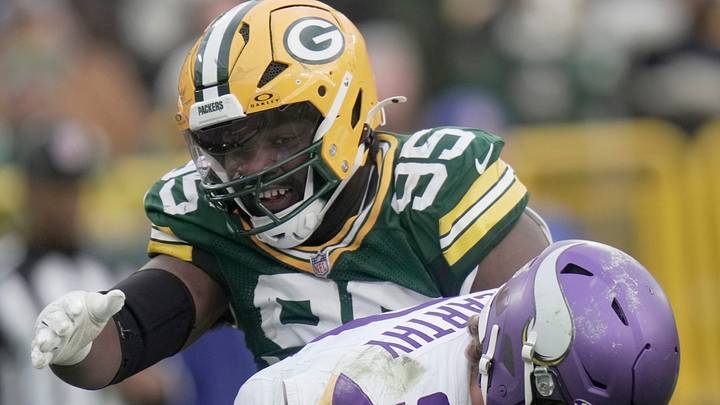 Green Bay Packers defensive tackle Devonte Wyatt (95) sacks Minnesota Vikings quarterback J.J. McCarthy. Green Bay Packers defensive tackle Devonte Wyatt (95) sacks Minnesota Vikings quarterback J.J. McCarthy.