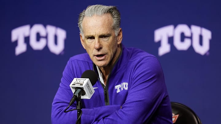 Oct 23, 2024; Kansas City, MO, USA; TCU Horned Frogs head coach Jamie Dixon talks to media during the Big 12 Men’s Basketball Media Day at T-Mobile Center. Mandatory Credit: Jay Biggerstaff-Imagn Images