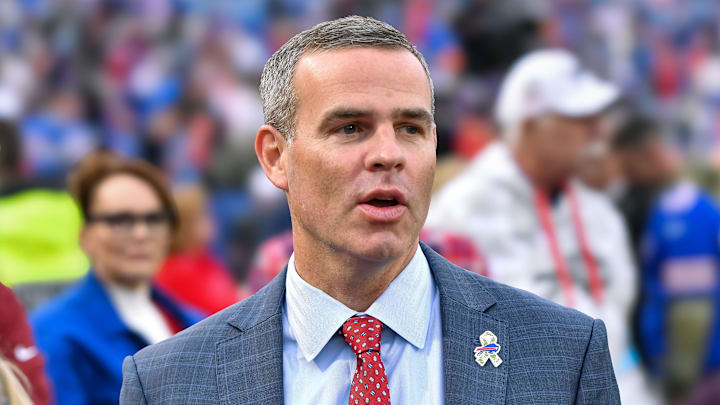 Nov 17, 2024; Orchard Park, New York, USA; Buffalo Bills general manager Brandon Beane on the field before a game against the Kansas City Chiefs at Highmark Stadium. Mandatory Credit: Mark Konezny-Imagn Images