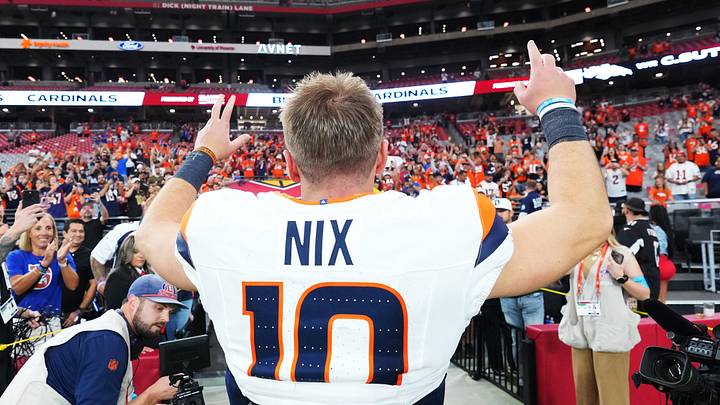 Oct 25, 2026; Glendale, Arizona, USA;  Denver Broncos quarterback Bo Nix (10) reacts after the game against the Arizona Cardinals at State Farm Stadium.  Mandatory Credit: Joe Camporeale-Imagn Images