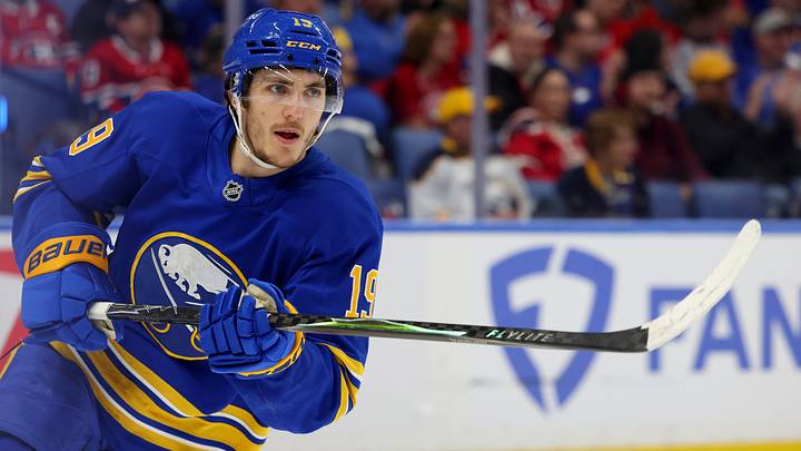 May 6, 2026; Buffalo, New York, USA; Buffalo Sabres center Peyton Krebs (19) on the ice before the start of the third period against the Montréal Canadiens in game one of the second round of the 2026 Stanley Cup Playoffs at KeyBank Center. Mandatory Credit: Timothy T. Ludwig-Imagn Images