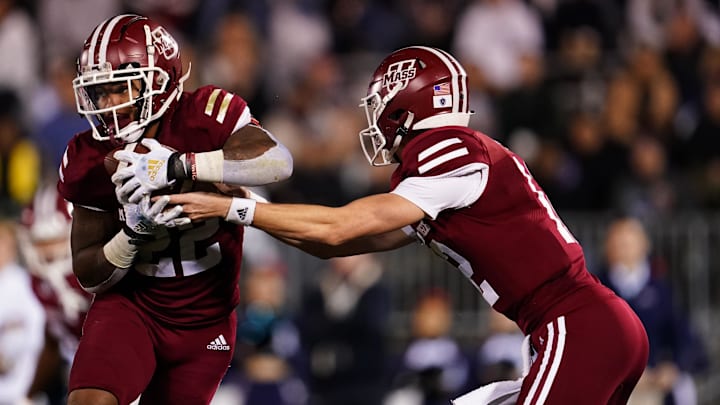 Nov 4, 2022; East Hartford, Connecticut, USA;  Massachusetts Minutemen quarterback Gino Campiotti
