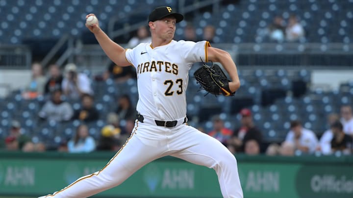 May 19, 2025; Pittsburgh, Pennsylvania, USA;  Pittsburgh Pirates starting pitcher Mitch Keller (23) delivers a pitch against the Cincinnati Reds during the first inning at PNC Park. Mandatory Credit: Charles LeClaire-Imagn Images