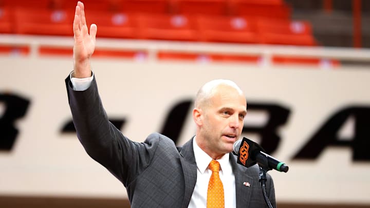 New Oklahoma State University head men's basketball coach Steve Lutz speaks during an introduction ceremony of the at Gallagher-Iba Arena in Stillwater, Okla., Thursday, April 4, 2024. New Oklahoma State University head men's basketball coach Steve Lutz speaks during an introduction ceremony of the at Gallagher-Iba Arena in Stillwater, Okla., Thursday, April 4, 2024.