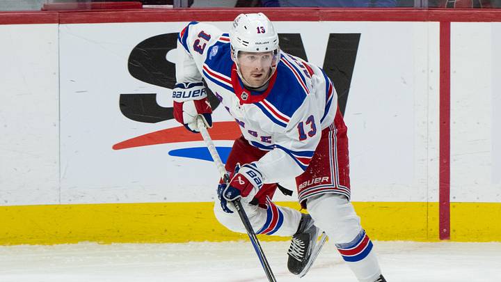 Oct 24, 2026; Ottawa, Ontario, CAN; New York Rangers left wing Alexis Lafreniere (13) skates with the puck in the first period against the Ottawa Senators at the Canadian Tire Centre. Mandatory Credit: Marc DesRosiers-Imagn